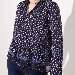 Loft floral dot peplum long sleeve peasant boho blouse ruffle split neck top